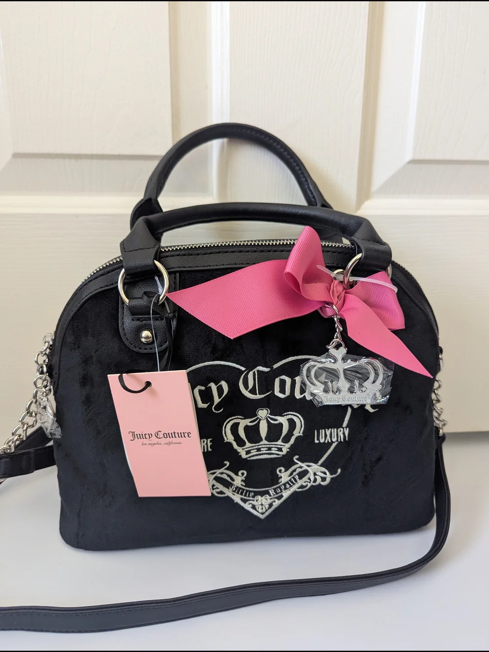 Juicy Couture Black Velvet Dome Satchel with Pink Bow Crown Charm Girlie Royalty
